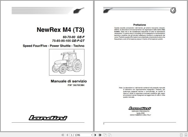 Landini Tractor NewRex 60GE to 105GT M4 Tier3 Service Manual 3667003M4 IT 1
