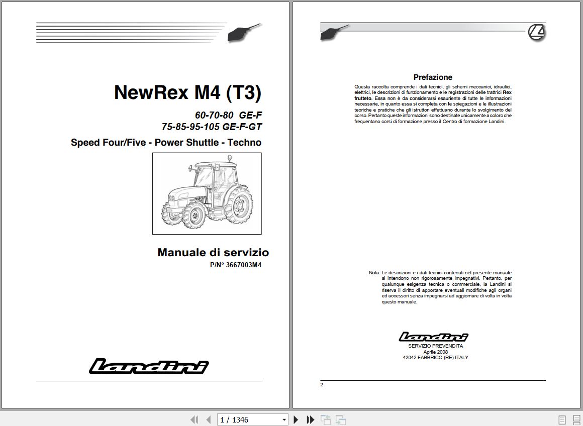 Landini Tractor NewRex 60GE to 105GT M4 Tier3 Service Manual 3667003M4 IT 1