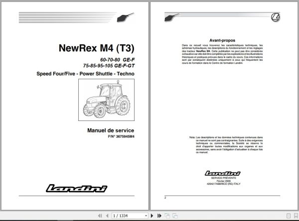 Landini Tractor NewRex 60GE to 105GT M4 Tier3 Service Manual 3675945M4 FR 1