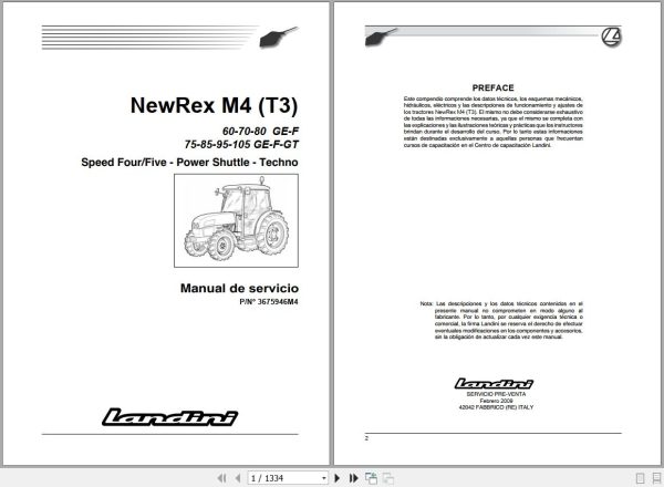 Landini Tractor NewRex 60GE to 105GT M4 Tier3 Service Manual 3675946M4 ES 1