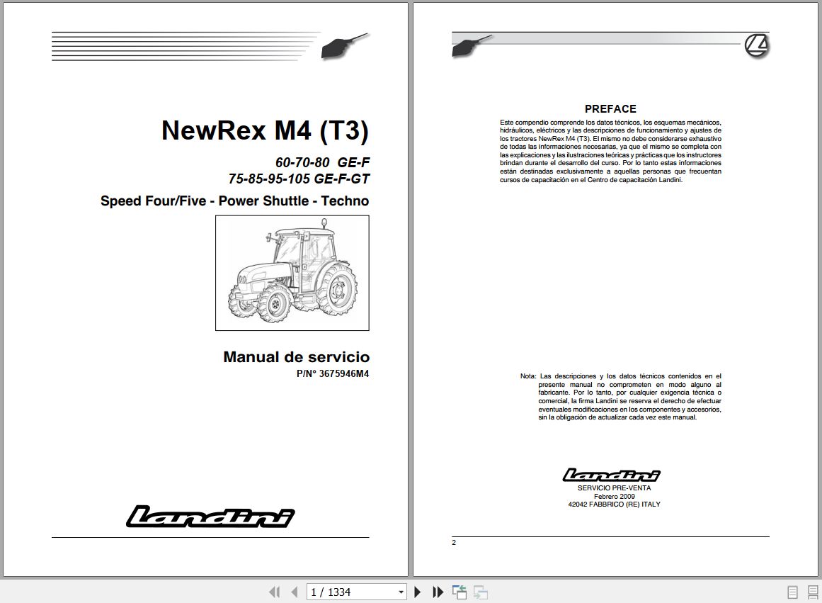 Landini Tractor NewRex 60GE to 105GT M4 Tier3 Service Manual 3675946M4 ES 1