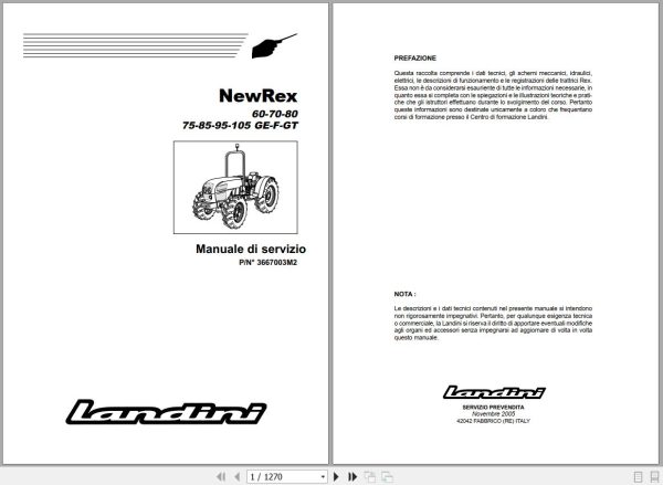 Landini Tractor NewRex 60GE to 105GT Service Manual 3667003M2 IT 1