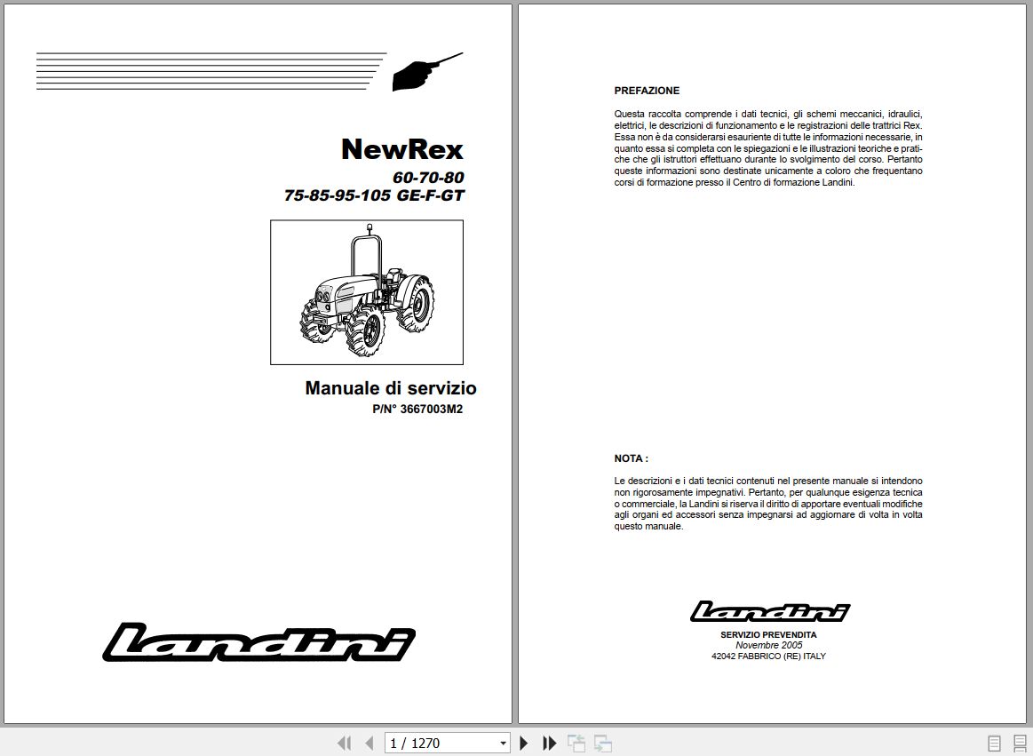 Landini Tractor NewRex 60GE to 105GT Service Manual 3667003M2 IT 1