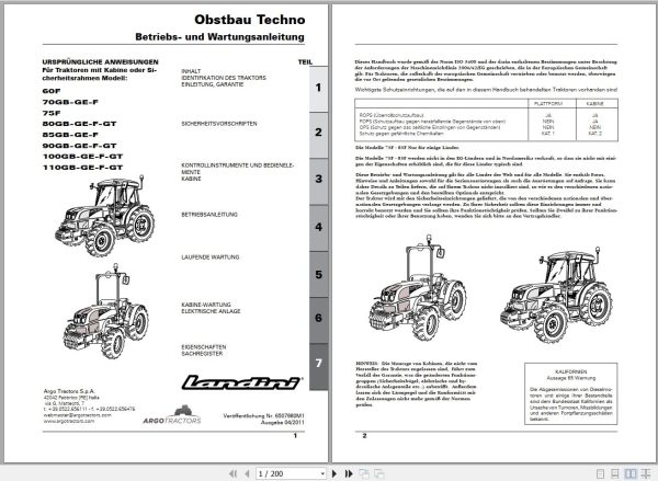 Landini Tractor Obstbau 60F to 110GT Techno Operators Maintenance Manual 6507980M1 DE 1