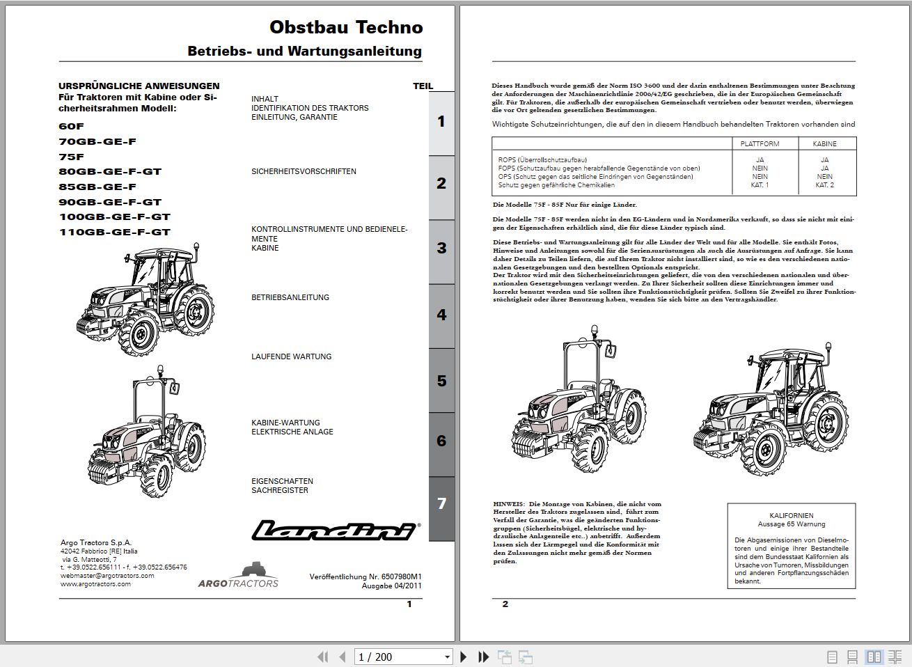 Landini Tractor Obstbau 60F to 110GT Techno Operators Maintenance Manual 6507980M1 DE 1
