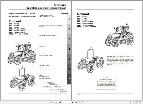 Landini Tractor Orchard F60 to F105XL Operators Maintenance Manual OM 9 10613GB EN 1