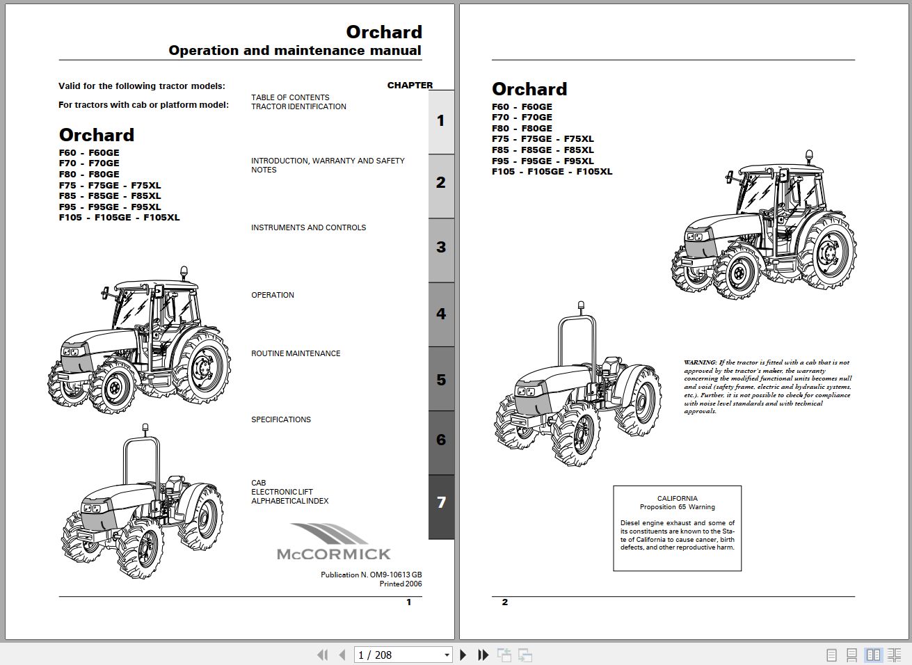 Landini Tractor Orchard F60 to F105XL Operators Maintenance Manual OM 9 10613GB EN 1