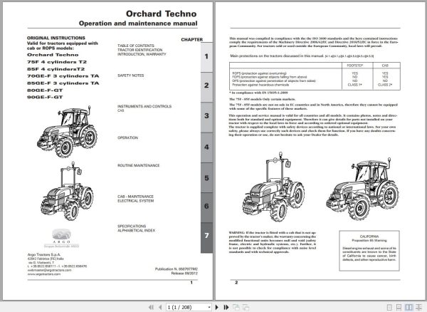 Landini Tractor Orchard Techno 75F 90GT Operators Maintenance Manual 6507977M2 EN 1