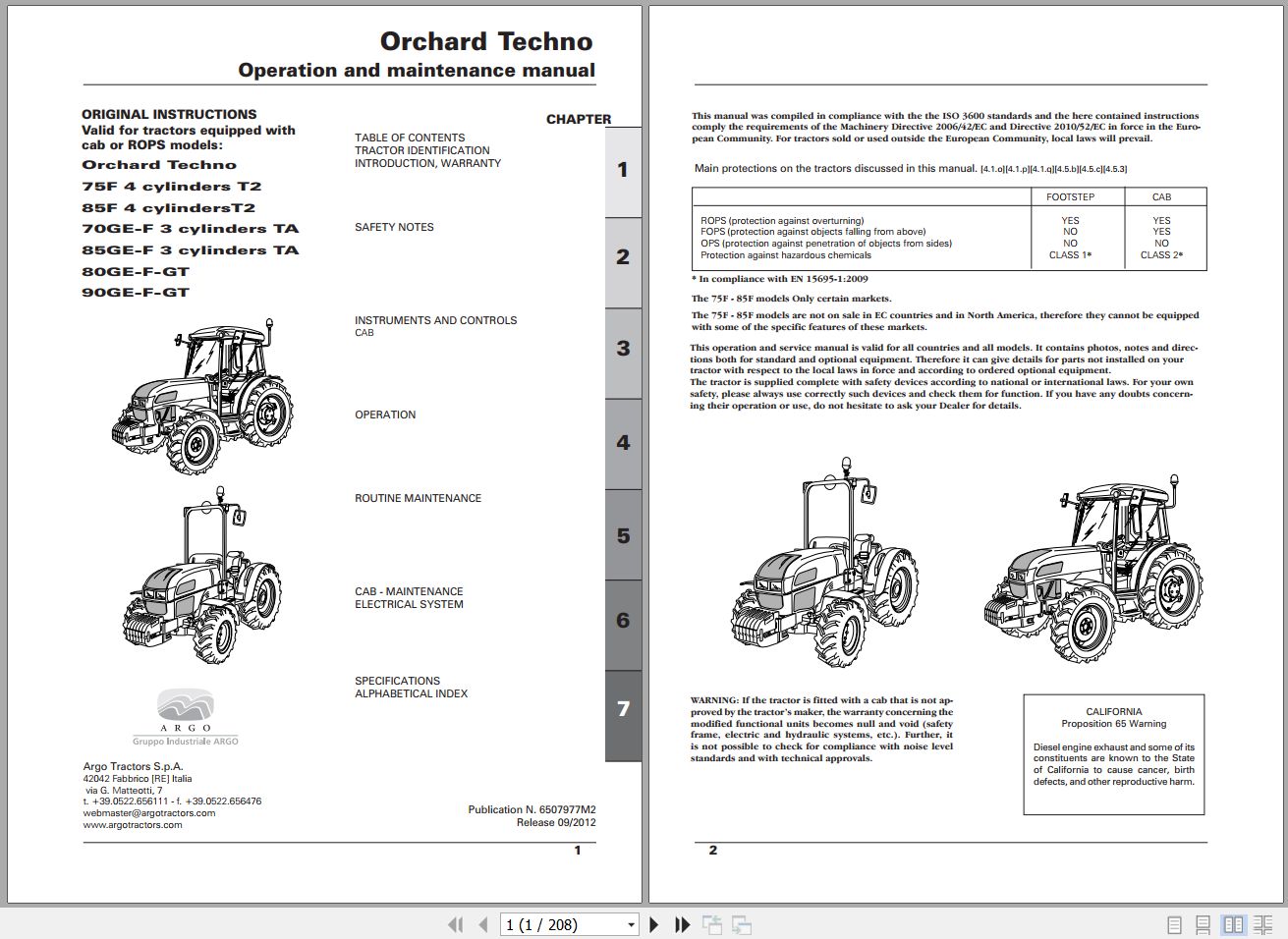 Landini Tractor Orchard Techno 75F 90GT Operators Maintenance Manual 6507977M2 EN 1