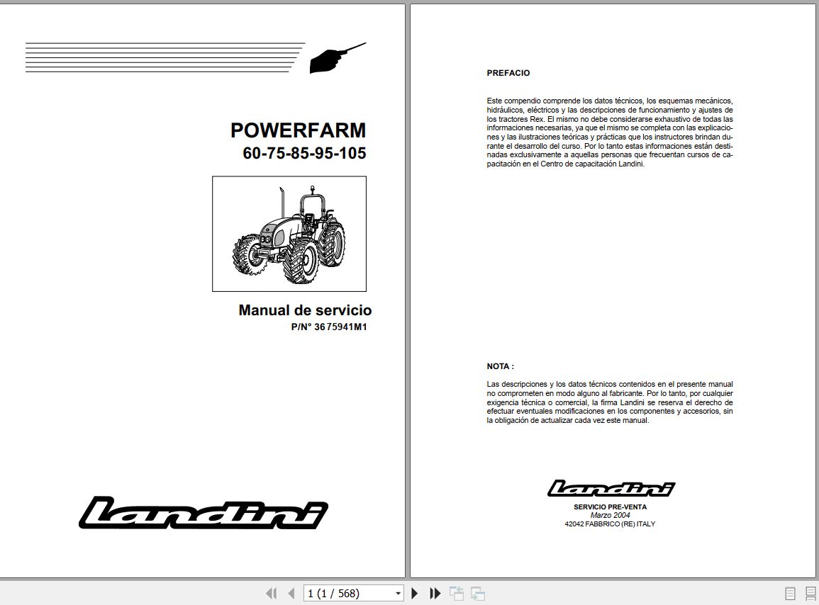 Landini Tractor POWERFARM 60 105 Service Manual 3675941M1 ES 1