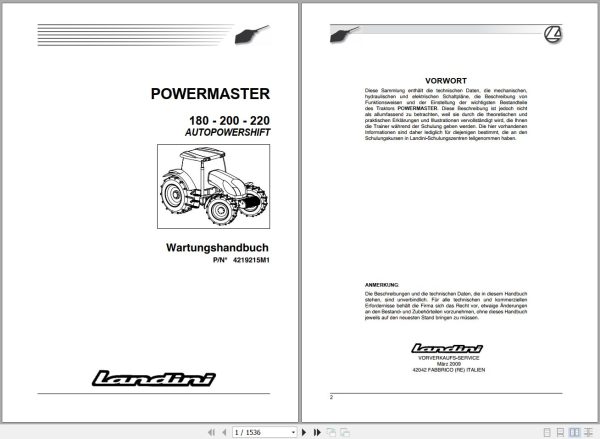 Landini Tractor POWERMASTER 180 200 220 AUTOPOWERSHIFT Service Manual 4219215M1 DE 1