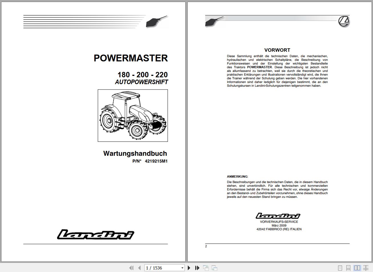 Landini Tractor POWERMASTER 180 200 220 AUTOPOWERSHIFT Service Manual 4219215M1 DE 1