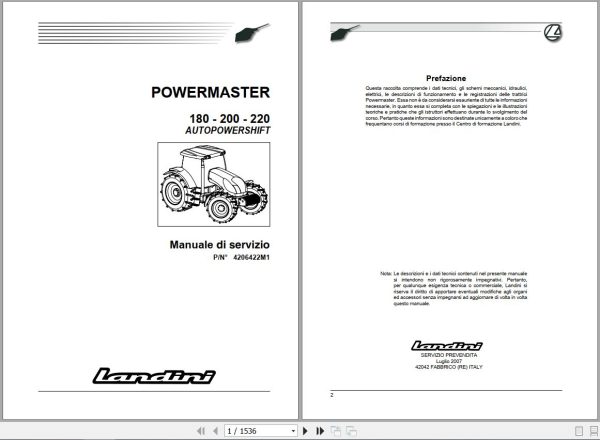 Landini Tractor POWERMASTER 180 200 220 Service Manual 4206422M1 IT 1
