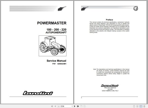 Landini Tractor POWERMASTER 180 200 220 Service Manual 4206423M1 EN 1
