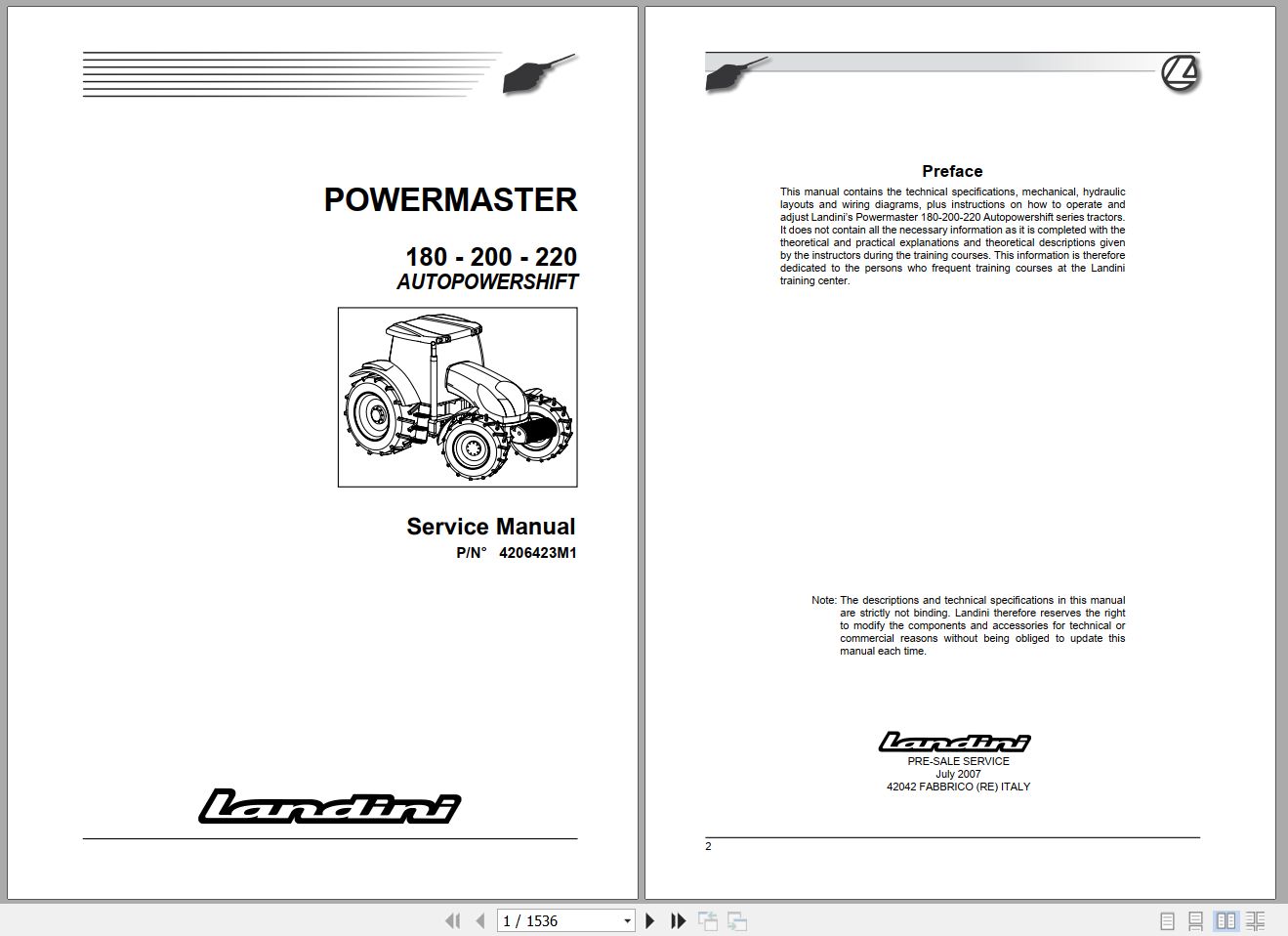 Landini Tractor POWERMASTER 180 200 220 Service Manual 4206423M1 EN 1