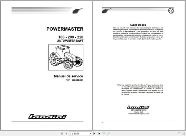 Landini Tractor POWERMASTER 180 200 220 Service Manual 4206424M1 FR 1