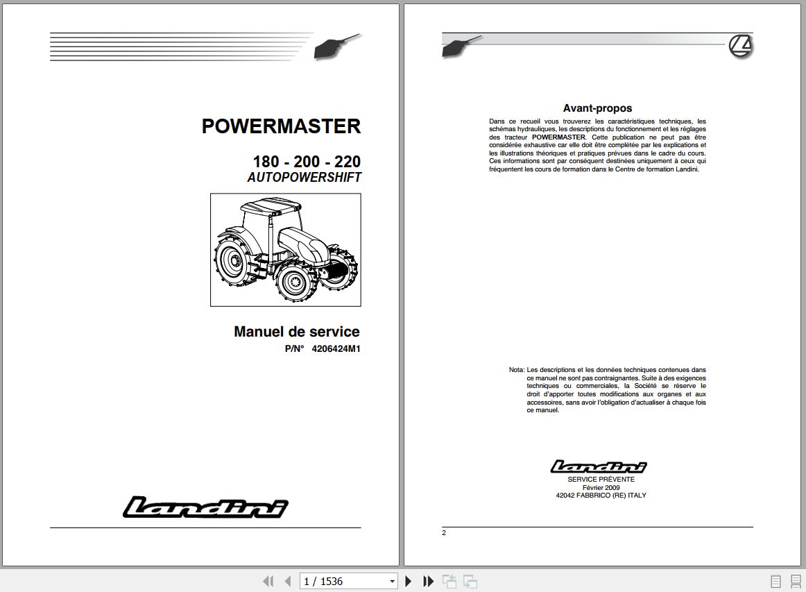 Landini Tractor POWERMASTER 180 200 220 Service Manual 4206424M1 FR 1