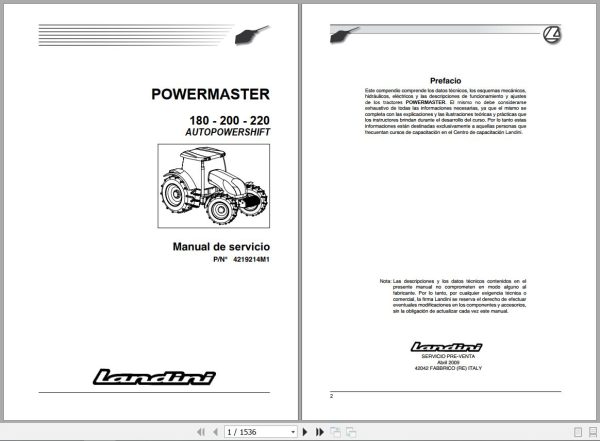 Landini Tractor POWERMASTER 180 200 220 Service Manual 4219214M1 ES 1