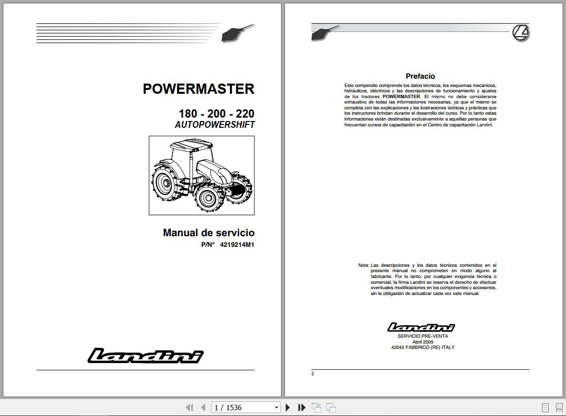 Landini Tractor POWERMASTER 180 200 220 Service Manual 4219214M1 ES 1