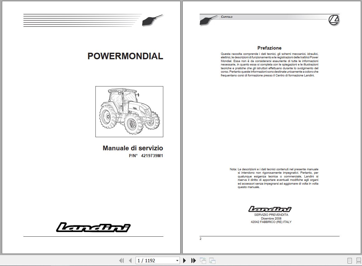 Landini Tractor POWERMONDIAL 95 105 115 Service Manual 4219739M1 IT 1