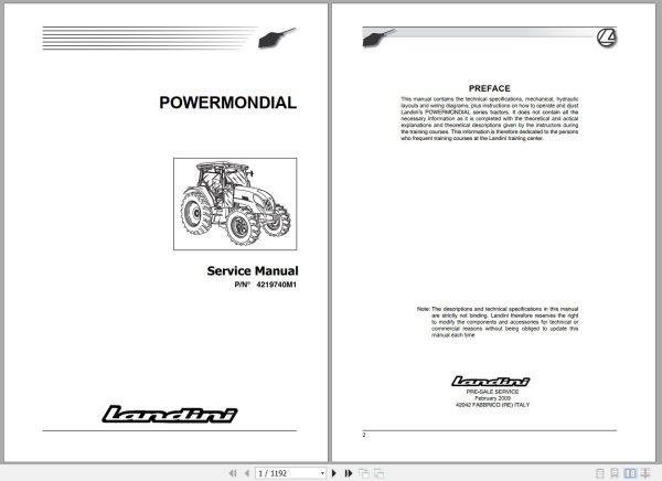 Landini Tractor POWERMONDIAL 95 105 115 Service Manual 4219740M1 EN 1