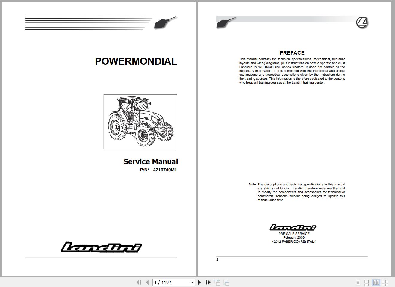 Landini Tractor POWERMONDIAL 95 105 115 Service Manual 4219740M1 EN 1