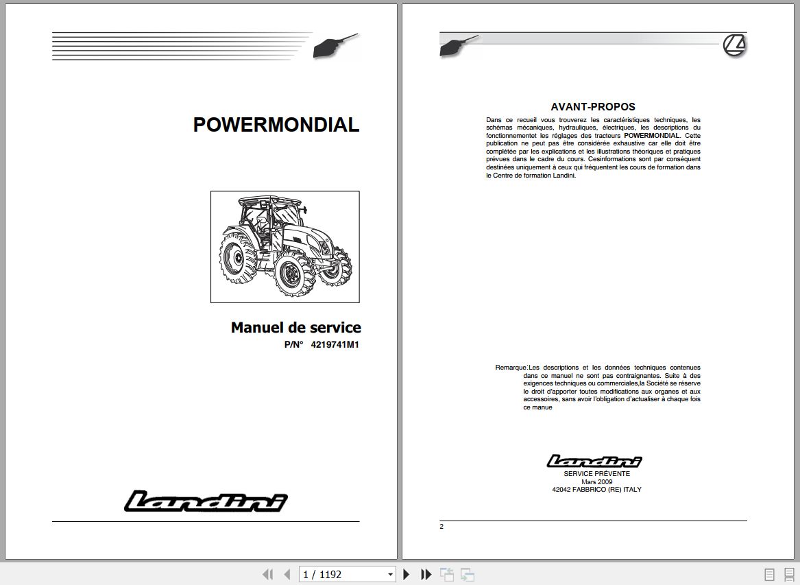 Landini Tractor POWERMONDIAL 95 105 115 Service Manual 4219741M1 FR 1
