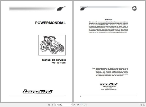 Landini Tractor POWERMONDIAL 95 105 115 Service Manual 4219742M1 ES 1