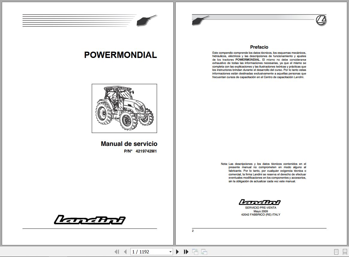 Landini Tractor POWERMONDIAL 95 105 115 Service Manual 4219742M1 ES 1