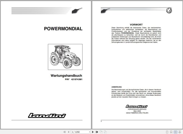 Landini Tractor POWERMONDIAL 95 105 115 Service Manual 4219743M1 DE 1