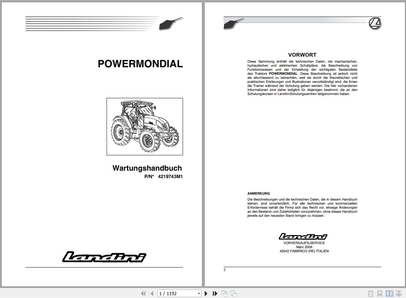 Landini Tractor POWERMONDIAL 95 105 115 Service Manual 4219743M1 DE 1