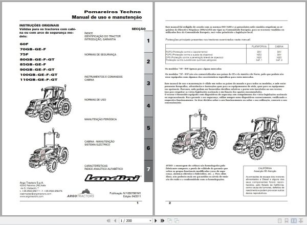 Landini Tractor Pomareiros Techno 60F to 110GT Operators Maintenance Manual 6507981M1 PT 1