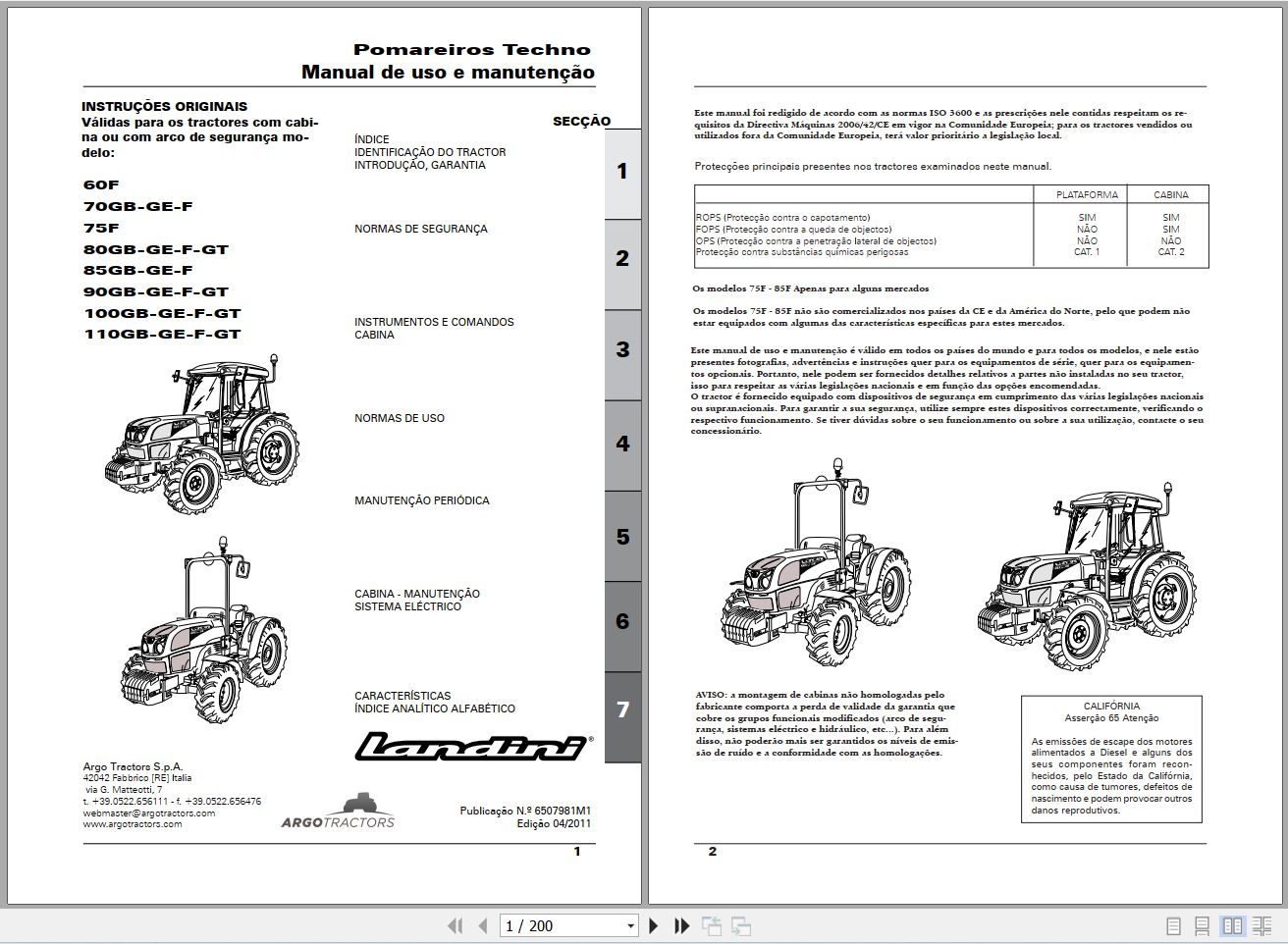 Landini Tractor Pomareiros Techno 60F to 110GT Operators Maintenance Manual 6507981M1 PT 1