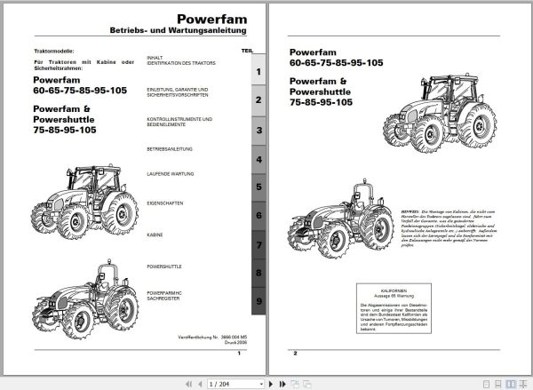 Landini Tractor Powerfam 60 to 105 Operators Maintenance Manual 3666004M5 DE 1