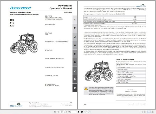 Landini Tractor Powerfarm 100 110 120 Operators Maintenance Manual 6715318A1 EN 1