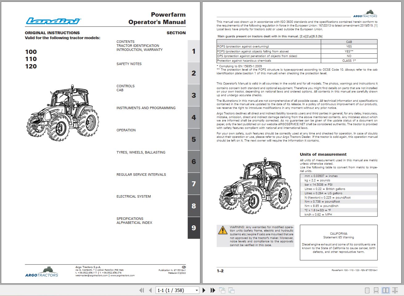 Landini Tractor Powerfarm 100 110 120 Operators Maintenance Manual 6715318A1 EN 1