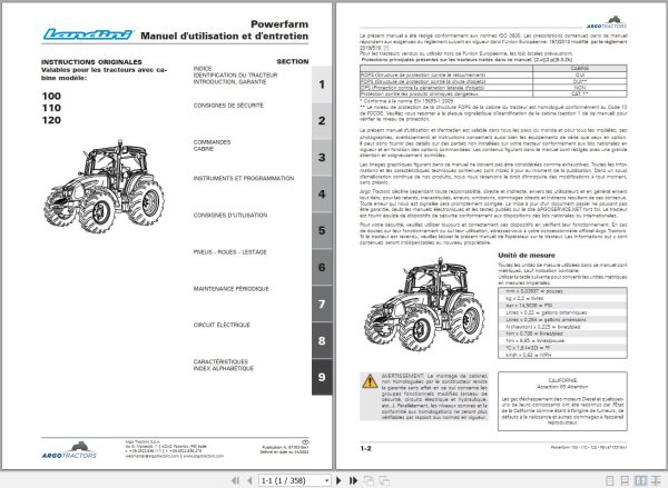 Landini Tractor Powerfarm 100 110 120 Operators Maintenance Manual 6715319A1 FR 1