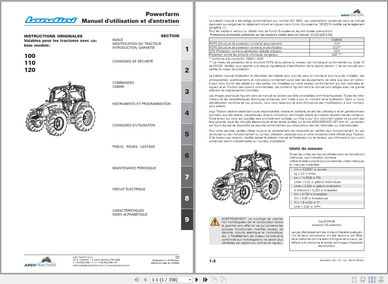 Landini Tractor Powerfarm 100 110 120 Operators Maintenance Manual 6715319A1 FR 1