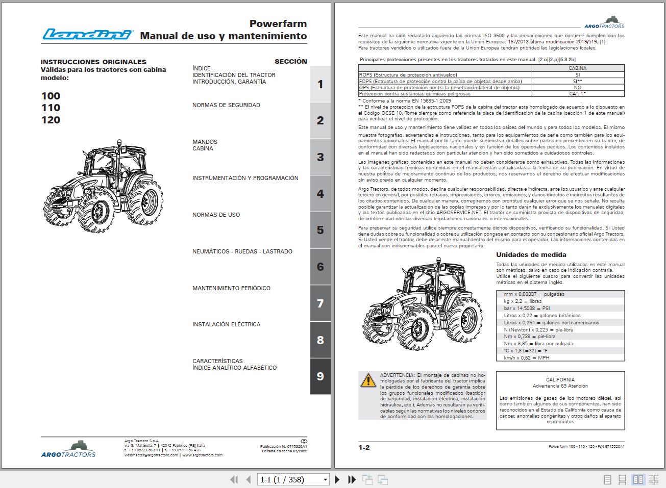 Landini Tractor Powerfarm 100 110 120 Operators Maintenance Manual 6715320A1 ES 1