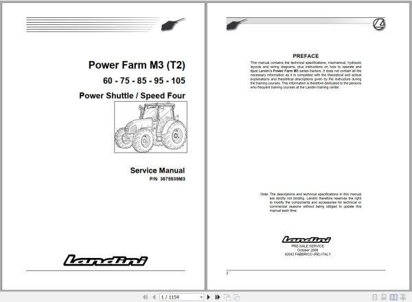 Landini Tractor Powerfarm 60 105 M3 Service Manual 3675939M3 EN 1