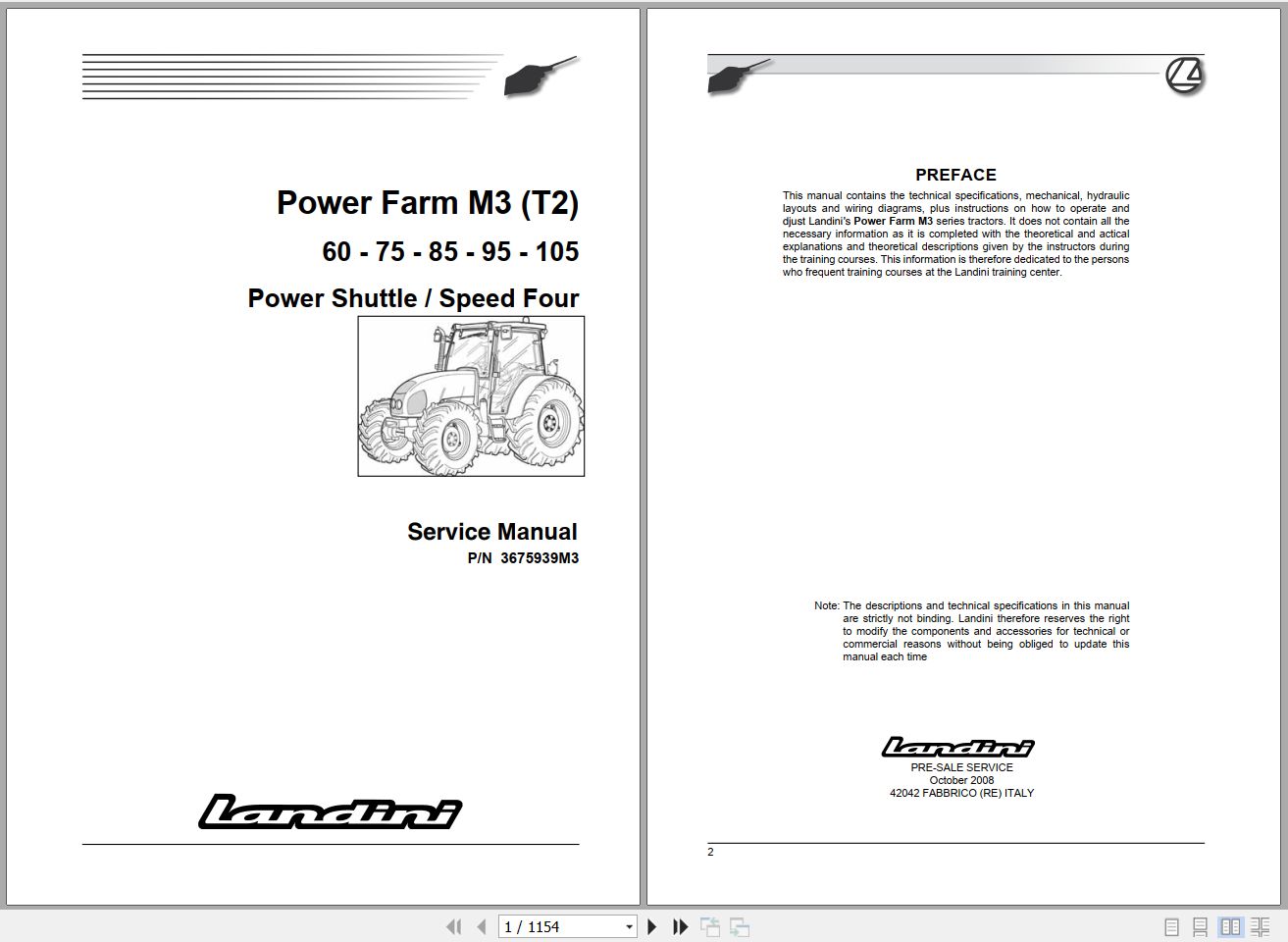 Landini Tractor Powerfarm 60 105 M3 Service Manual 3675939M3 EN 1