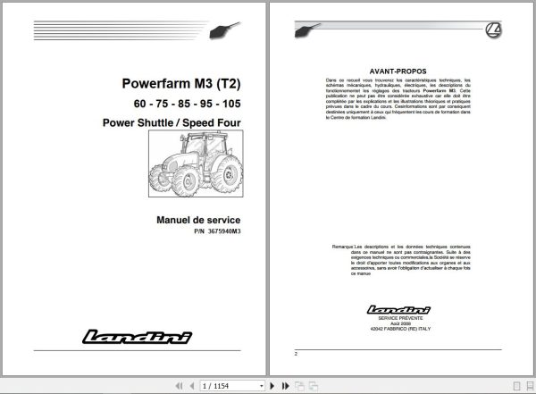 Landini Tractor Powerfarm 60 105 M3 Tier2 Service Manual 3675940M3 FR 1