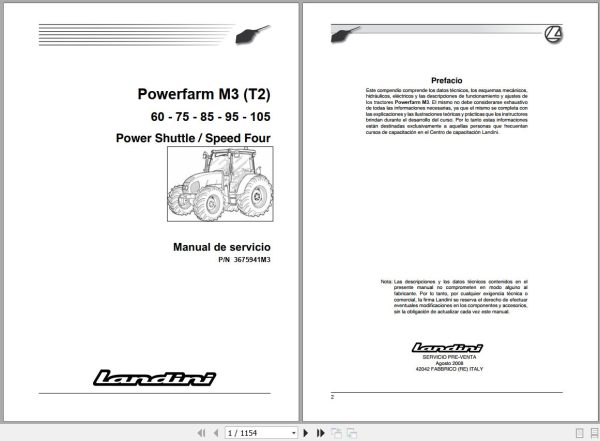 Landini Tractor Powerfarm 60 105 M3 Tier2 Service Manual 3675941M3 ES 1