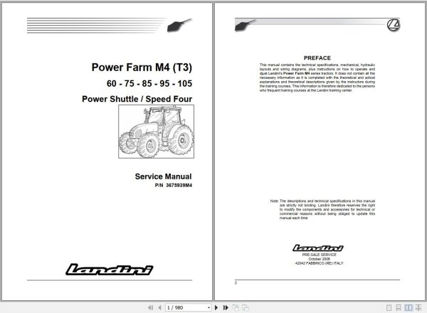 Landini Tractor Powerfarm 60 105 M4 Service Manual 3675939M4 EN 1