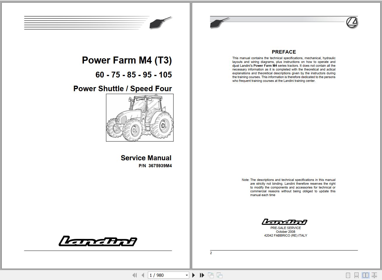 Landini Tractor Powerfarm 60 105 M4 Service Manual 3675939M4 EN 1