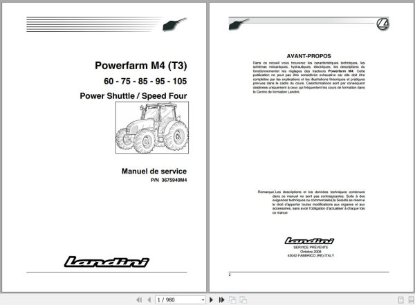 Landini Tractor Powerfarm 60 105 M4 Tier3 Service Manual 3675940M4 FR 1