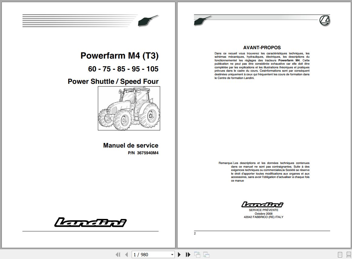 Landini Tractor Powerfarm 60 105 M4 Tier3 Service Manual 3675940M4 FR 1