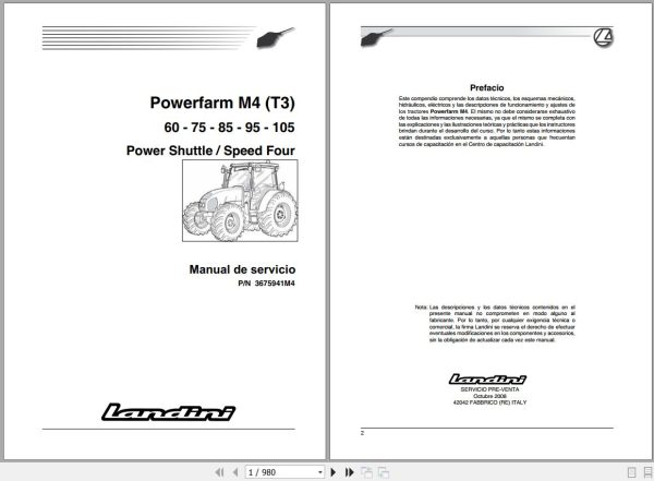 Landini Tractor Powerfarm 60 105 M4 Tier3 Service Manual 3675941M4 ES 1
