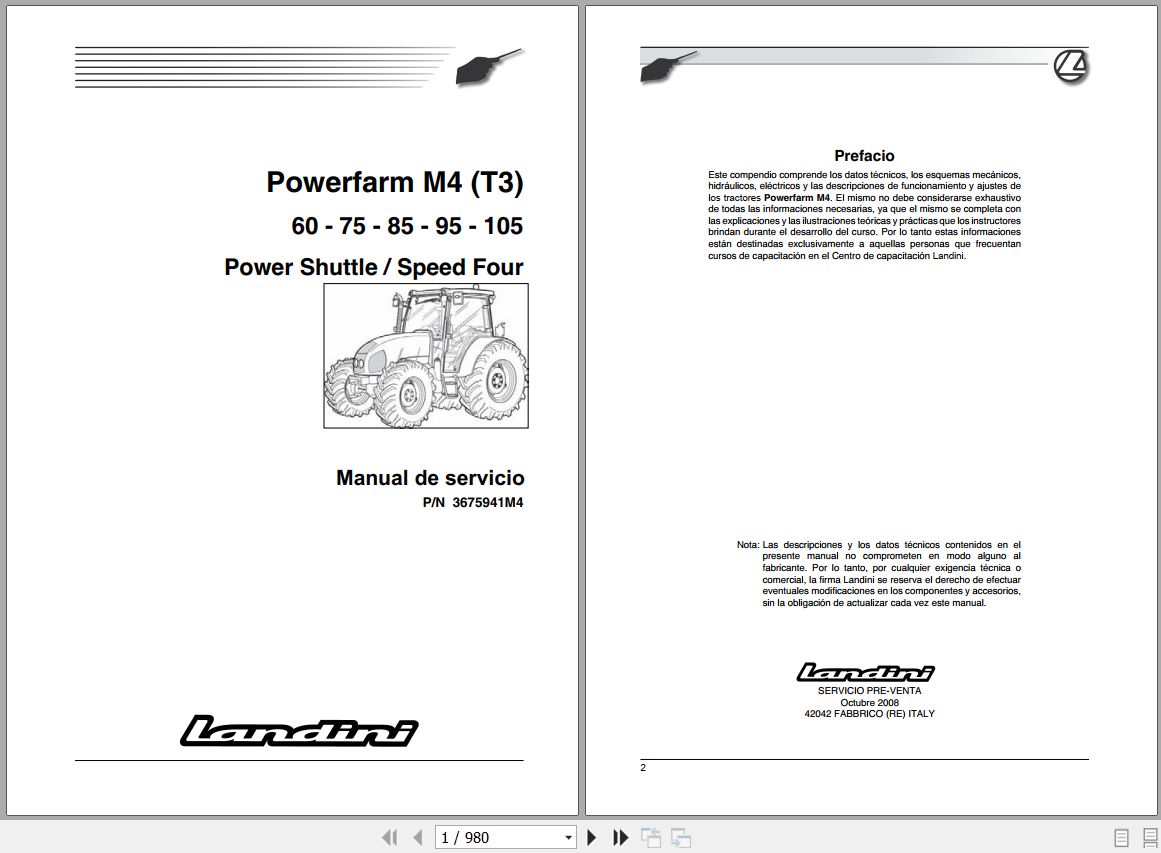 Landini Tractor Powerfarm 60 105 M4 Tier3 Service Manual 3675941M4 ES 1