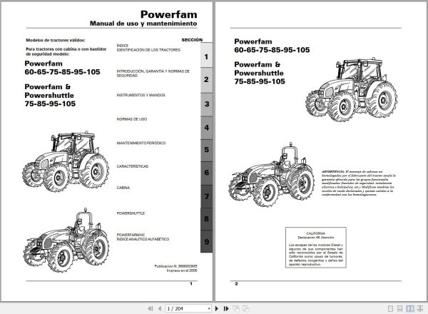 Landini Tractor Powerfarm 60 105 Operators Maintenance Manual 3666003M5 ES 1